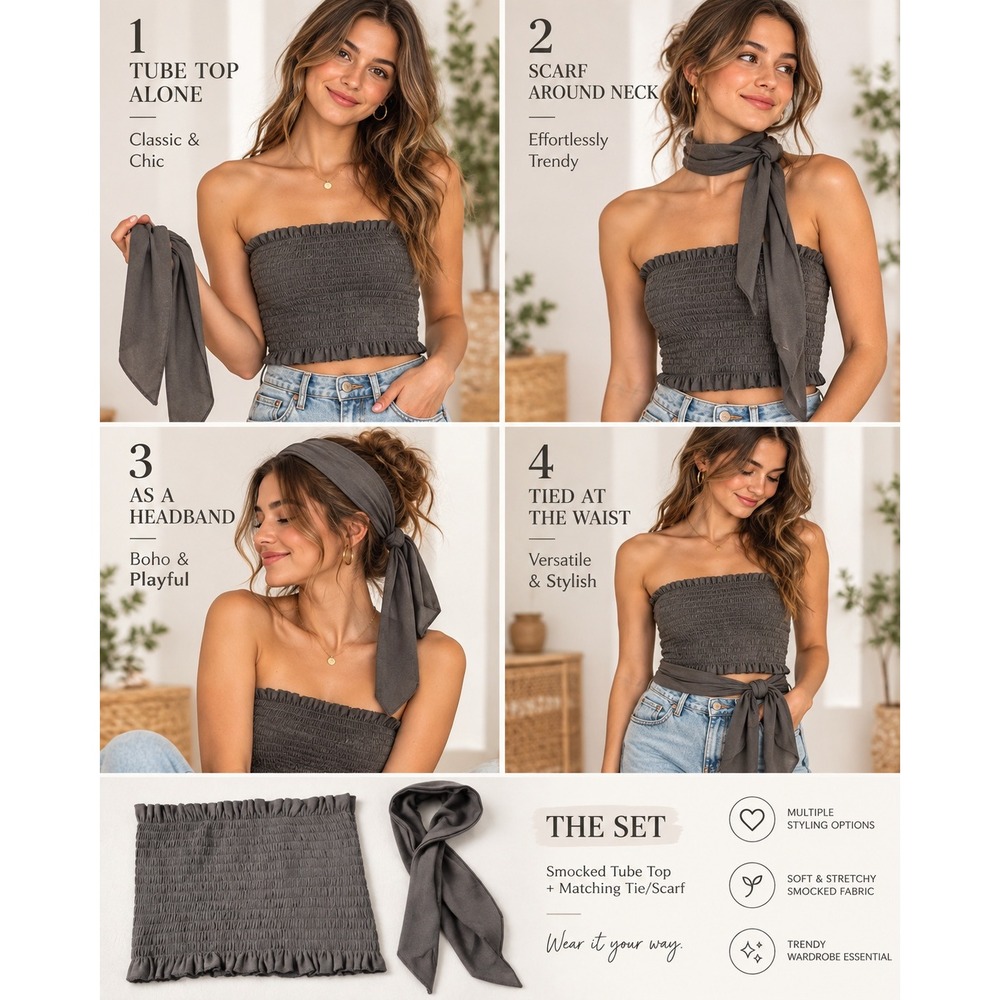 Zenana Smocked Tube Top and Matching Tie Scarf Set Charcoal Gray Small